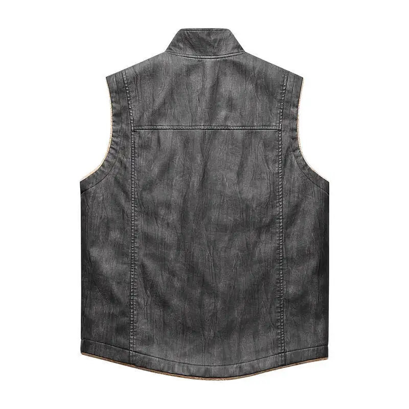 Mens Fleece Liner Fur Leather Jacket Men Sleeveless Winter Windproof Coat Man Vintage Style Thermal Male Clothes Stand Neck 4XL 251020