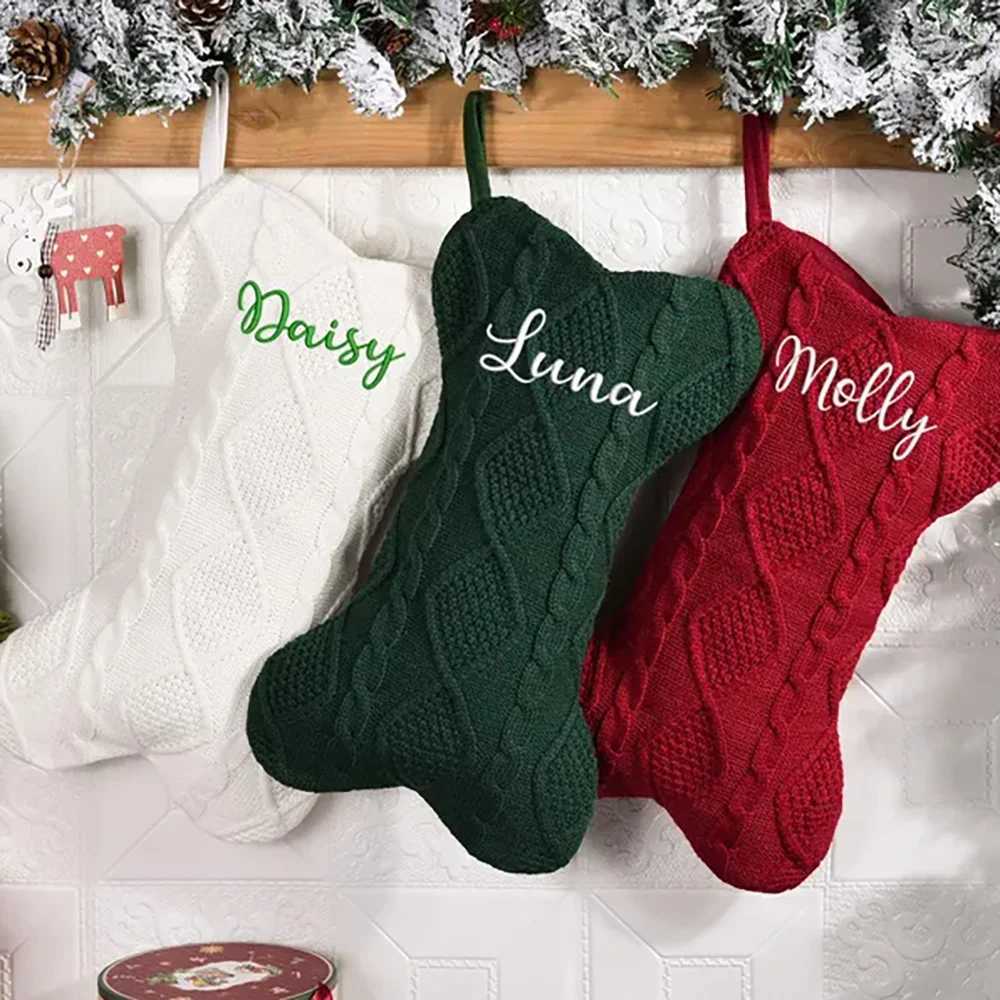 Custom Bone Christmas Stocking Dog Bone Knitted Christmas Stocking with Name Bone Holiday Stocking for Dog Santa Sack Kid Gift C251024
