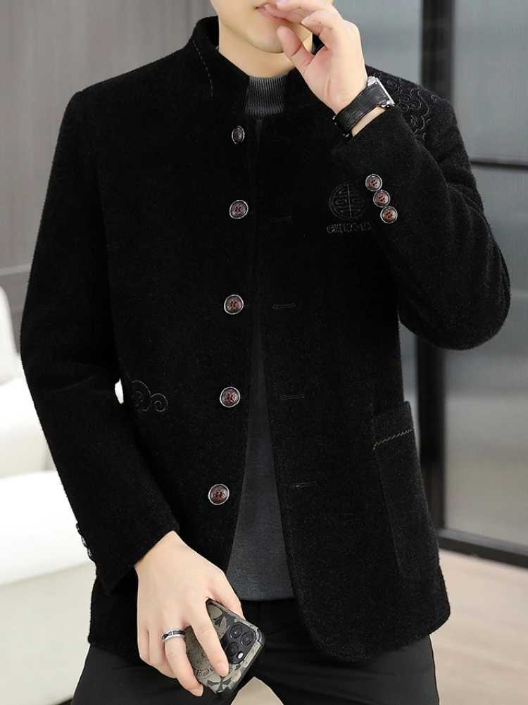 Chinese Style Stand Collar Woolen Jackets Men Winter Thickened Cotton Warm Trench Coat Casual Business Windproof Short OvercoatT251025