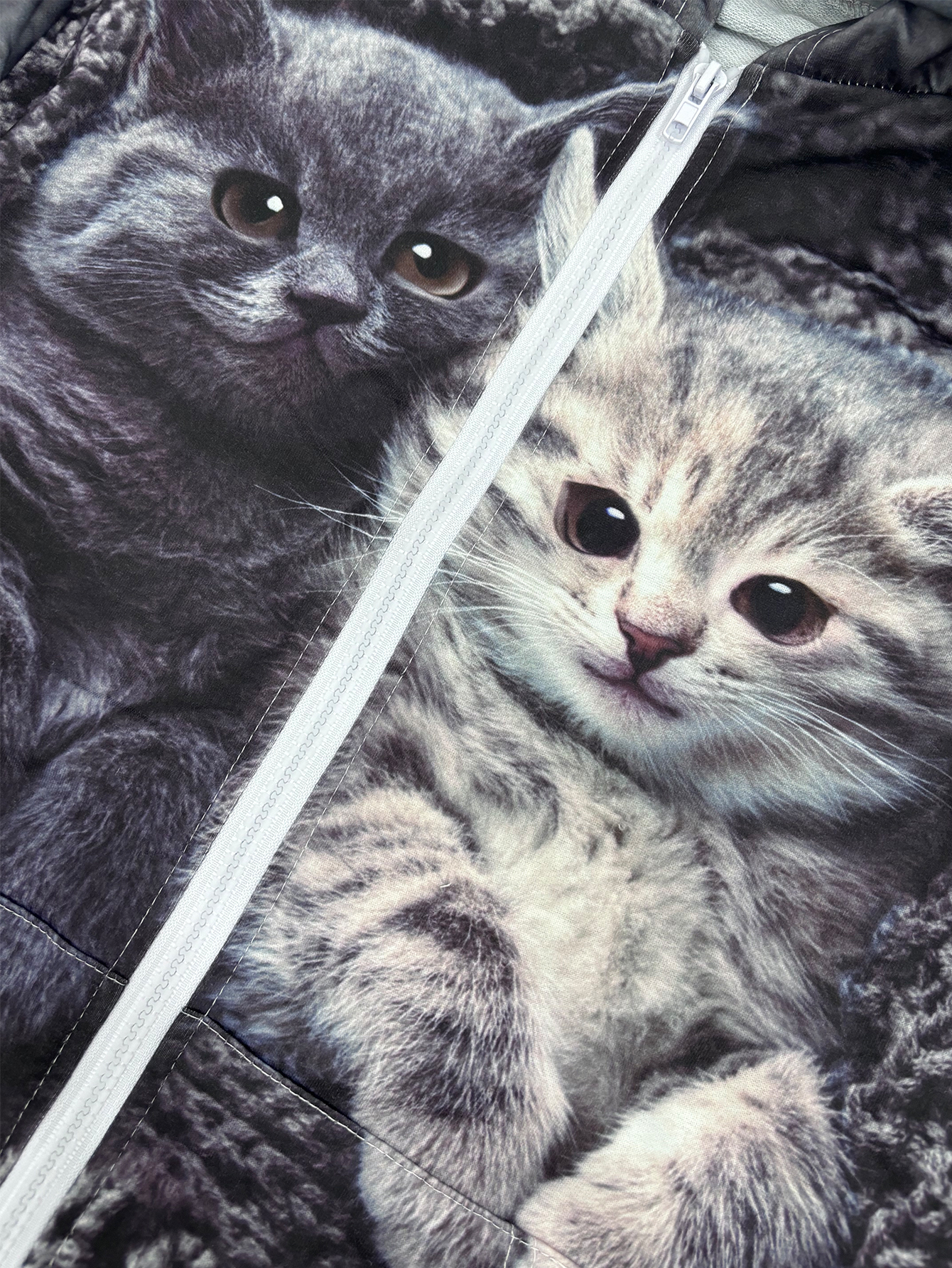 Autumn Winter New Retro Cat Printed Versatile Casual Zipper Hooded Jacket, Milk Silk Gray Hoodie, S-XXL--CF40322