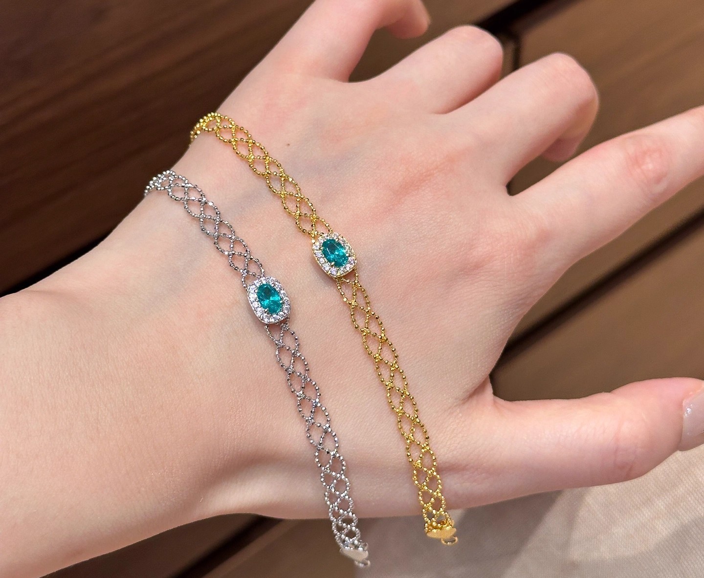 TaiYang New Gold Plated Copper Paraiba Blue Crystal Bracelet, Delicate Lace Chain with Sparkling Sugar Cube Charm for Women
