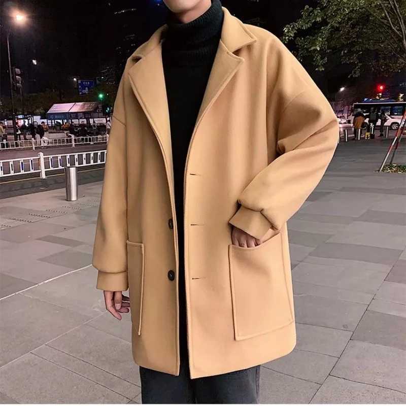 Woolen coat mens autumn and winter lamb wool thick solid color versatile suit collar jacket trendy couple mid length windbreakeT251025