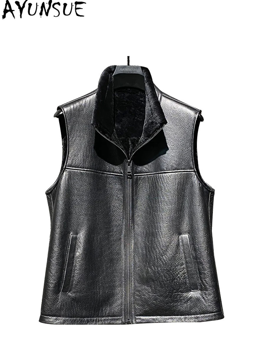 AYUNSUE Natural Sheepskin Fur Vest 2025 Slim Winter Clothes Mens Fur Sleeveless Jackets Fashion Genuine Leather Jacket Men Warm 251020