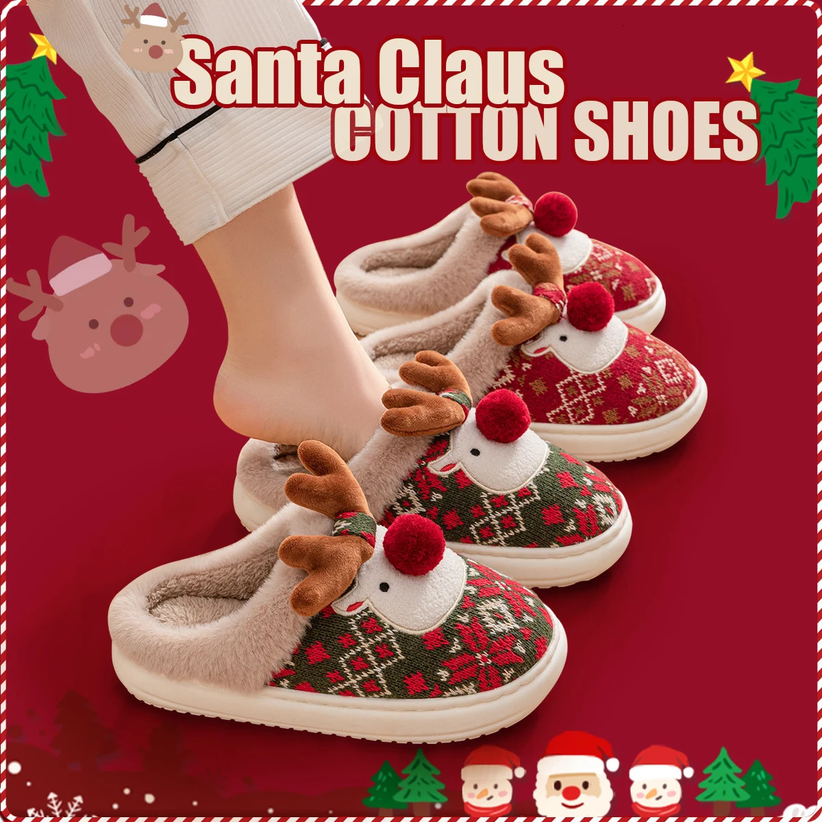 Winter Lovely Womens Slippers Home Cute Cartoon Cotton Slippers Christmas Deer NonSlip House Shoes251020