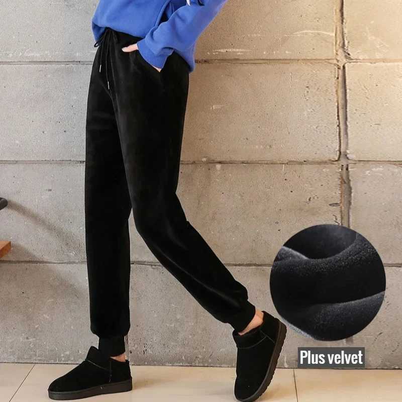 Fashion Plus Velvet Thick Warm Elastic High Waist Lace Up Harem Womens Pants Korean Loose AnkleLength Pants for WomenT251025