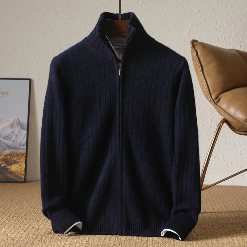 Men 100 Merino Wool StandUp Collar Cardigan Casual Knit Business Zipper Coat Autumn Winter Versatile Warm Men Cashmere Jacket 251020