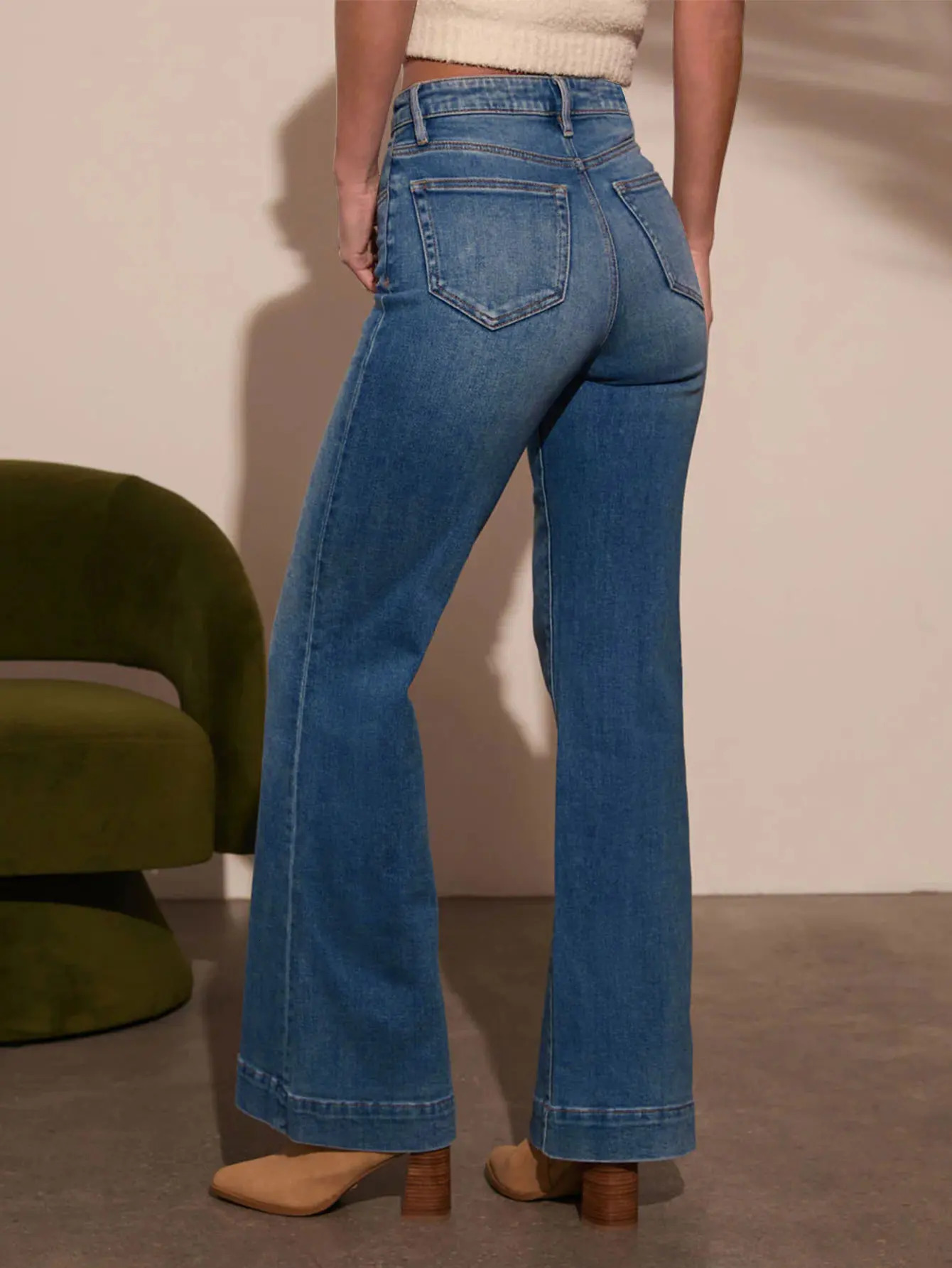 Autumn womens dark blue high waist straight jeans slim fit wide leg version stretch denim fabric elegant intellectual jeans 251023