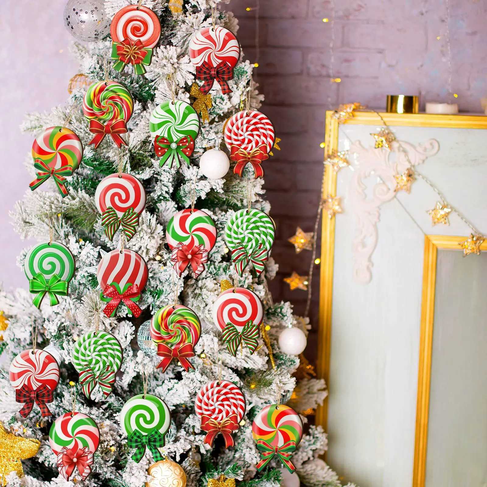 24 Pieces Peppermint Christmas Tree Ornaments Colorful Peppermint Wood Ornaments Lollipop Candy Christmas Ornaments C251024