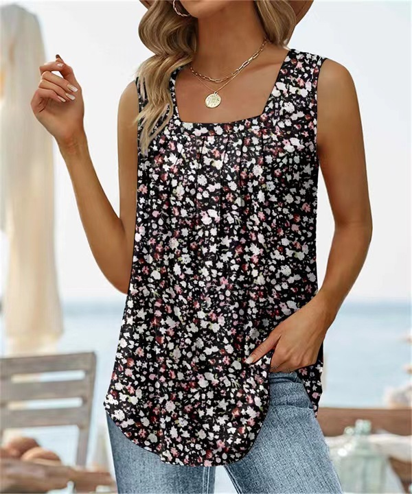 2025 New Summer Sleeveless Square Neck Printed Tank Top T-Shirt for Women