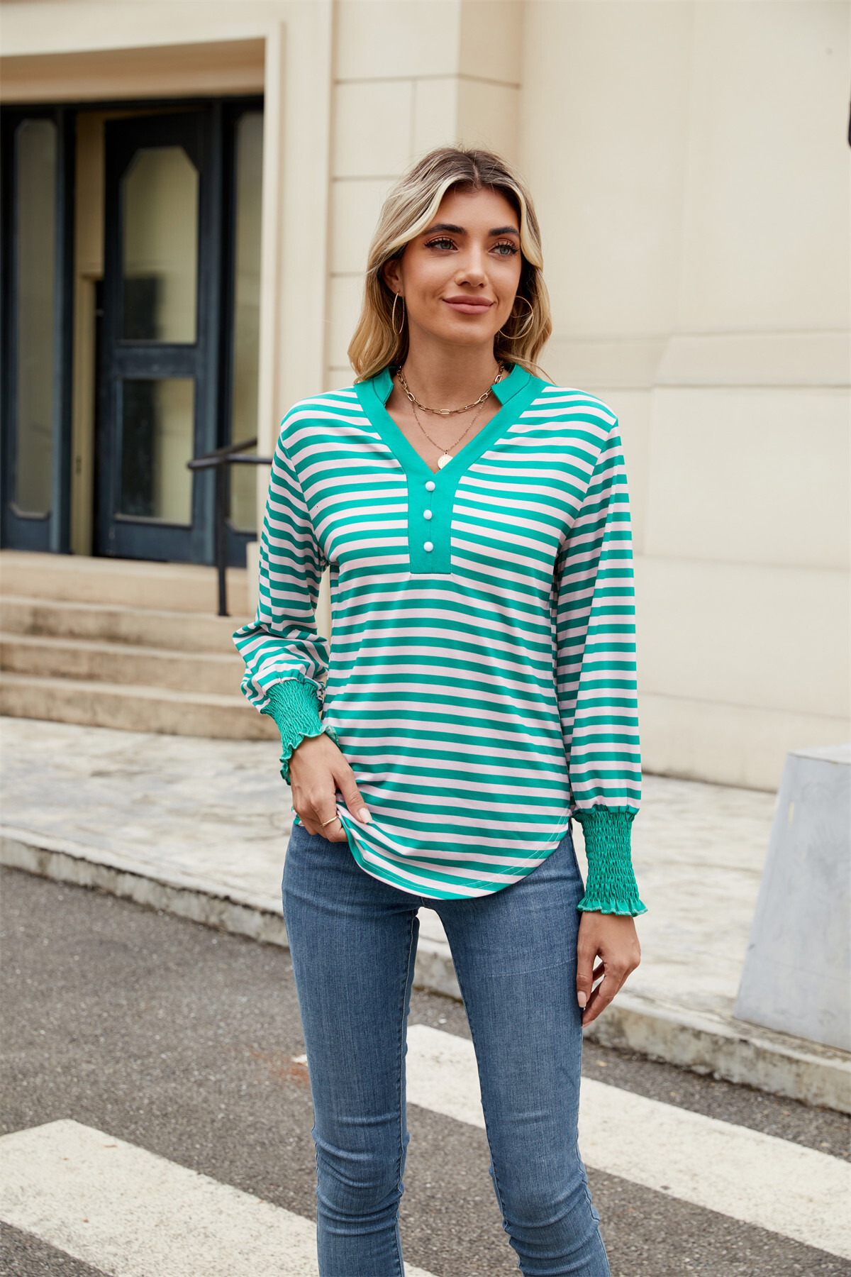 2025 Autumn and Winter New Knitted Sweater Long Sleeve Fashion Striped TShirt VNeck Top