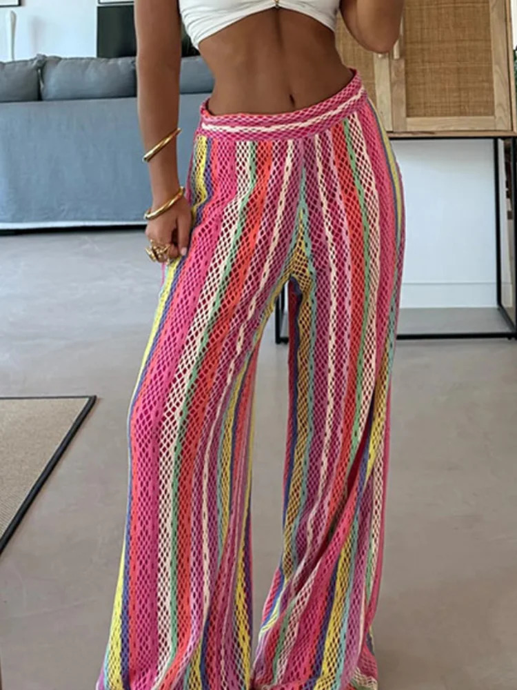Rainbow Color Knitted Striped Pants Women Wide Leg Hollow Out Striped Loose Fashion Vacation Trousers Autumn Street Pants 251024