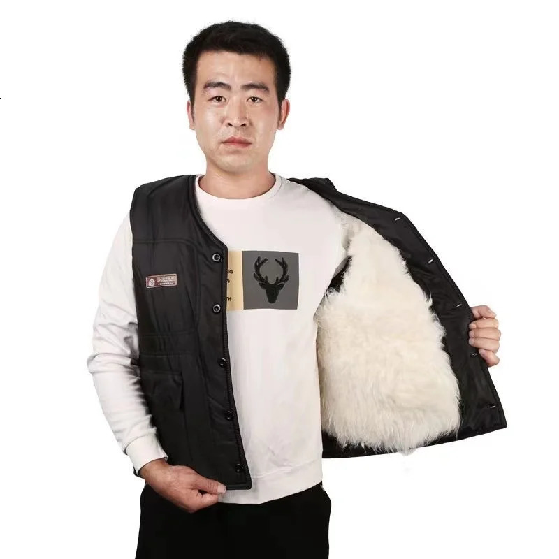 Cold Autumn Winter Middleaged Elderly Wool Vest Thicken Warm Genuine Fur Overcoat Fashion Comfortable Dad Father Cotton Outfit 251020