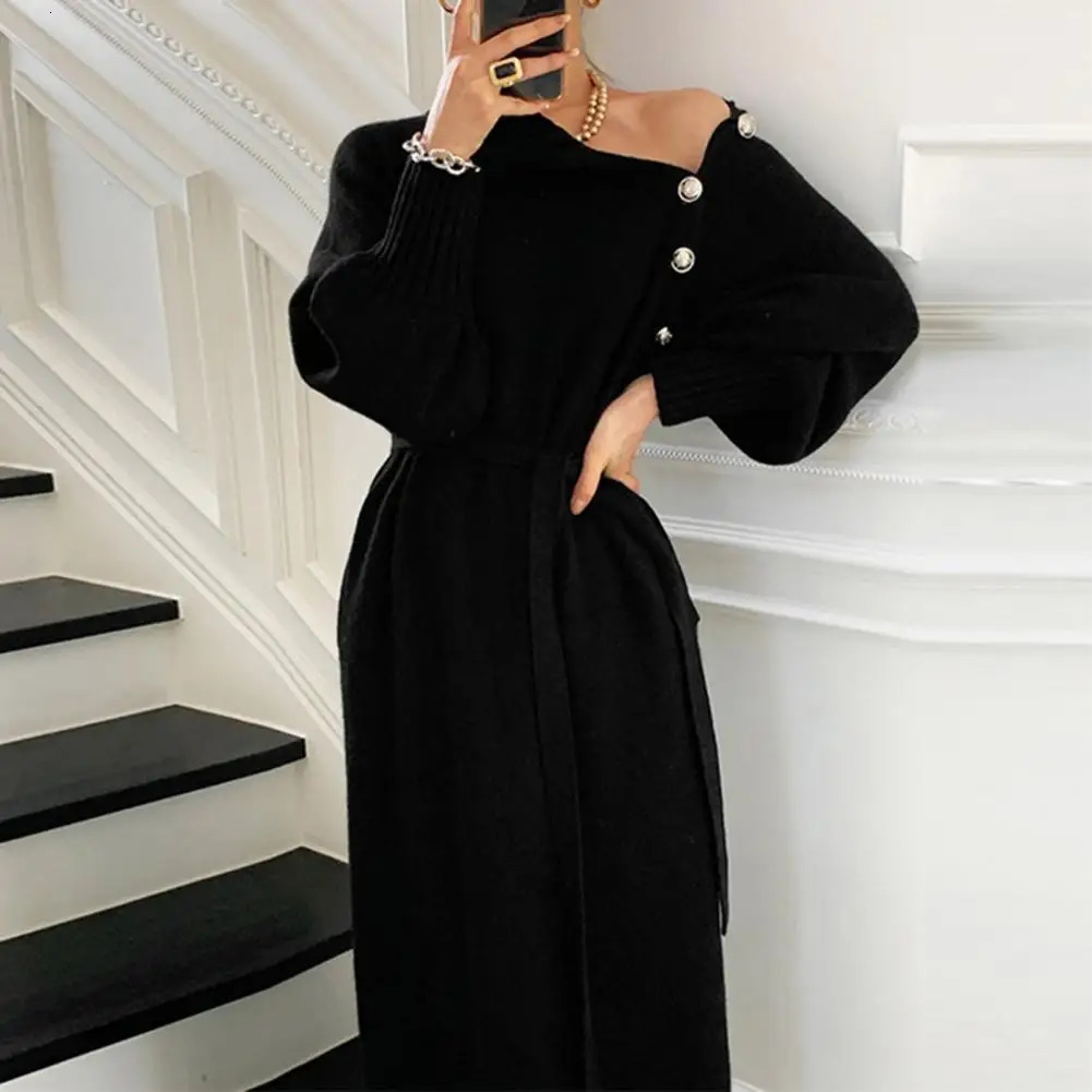 Vintage Turtleneck Buttons Long Sleeve Long Dresses Winter Fashion Casual Loose Knitwear Warm Women Knitted Dress Black Apricot 251023