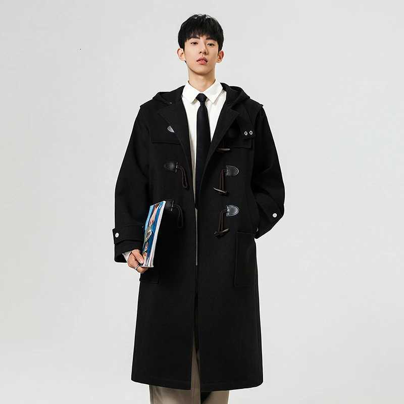 Coffee Color Mens Long Hooded Blend Trench Coat with Bullhorn Buttons Retro Midlength Windbreaker with Extended CoatT251025