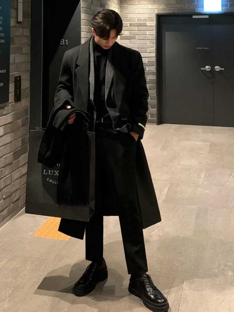 Korean Style Men Woolen Overcoat Turndown Collar Single Breasted Overknee Thickened Casual Male Trench 2024 WinterT251025