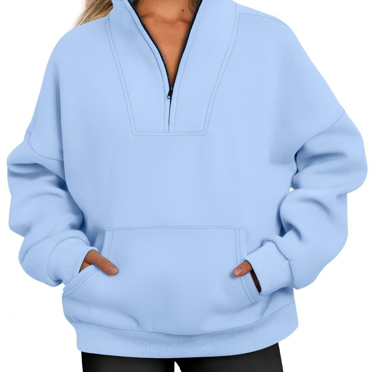 2025 Autumn Winter Stand Collar Solid Color Hoodie with Pockets and Zipper Women's Casual Loose Fleece Ribbed Top
