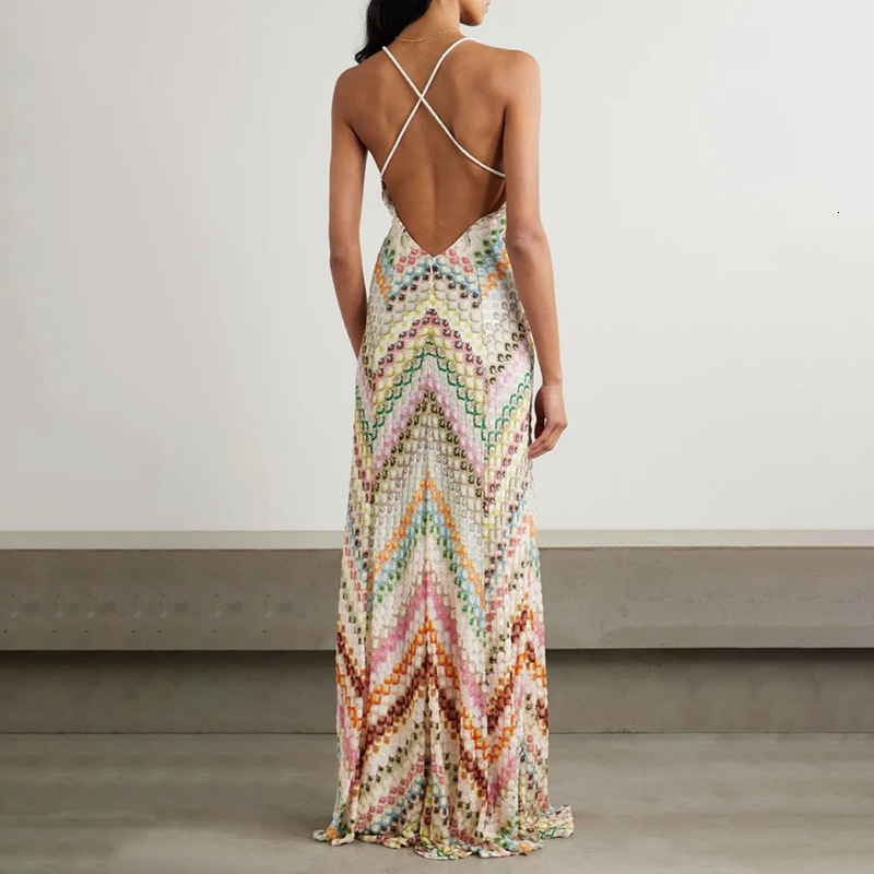 Designer's fashionable tight fitting dress new V-neck lace up sleeveless waistband slim fit printed women's long skirt