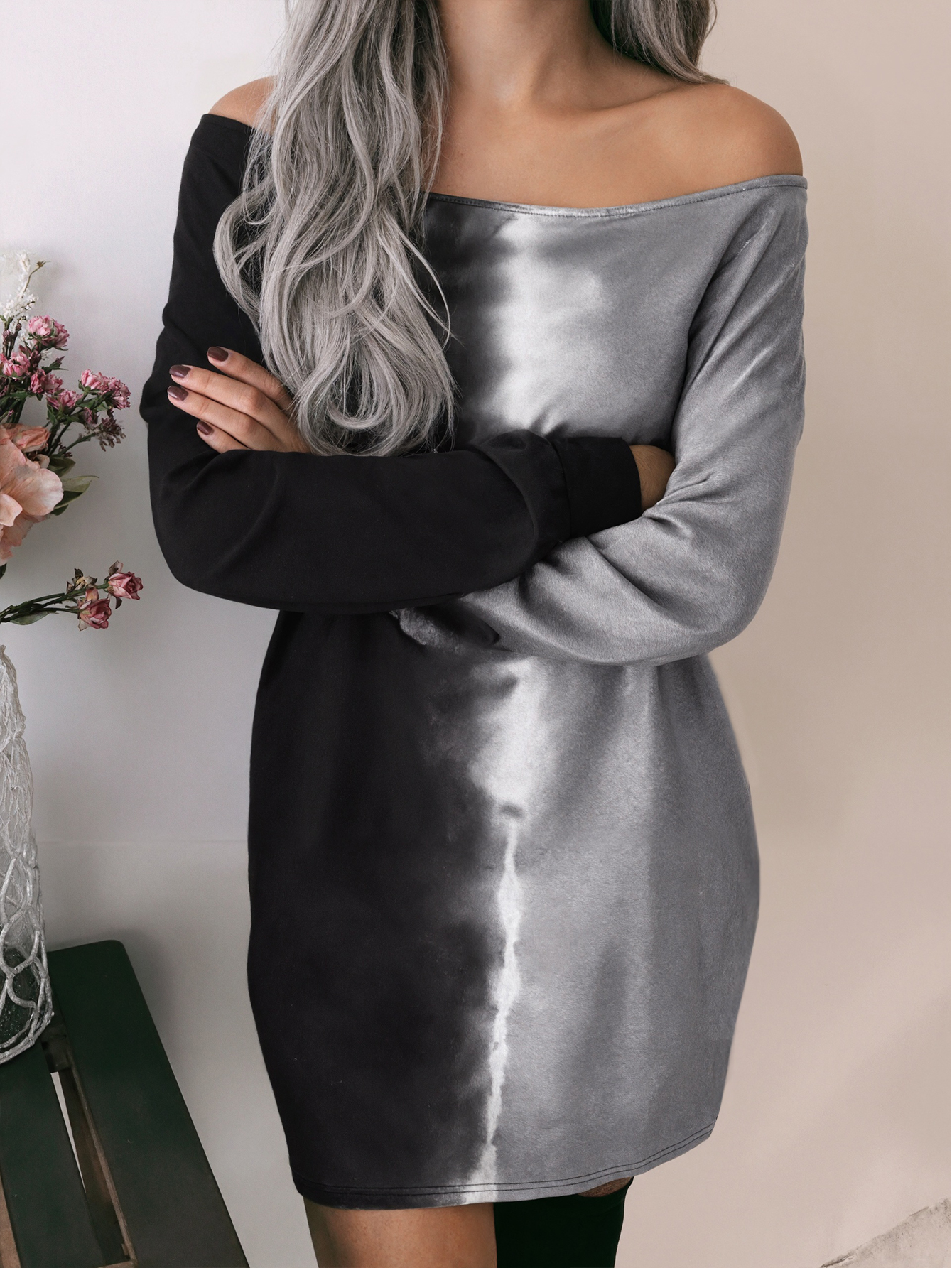 Autumn Winter New Fashion Off-Shoulder Tie-Dye Retro Women's Slim Fit Straight Dress, Milk Silk Black Gray Dress, S-XXL---CF56020