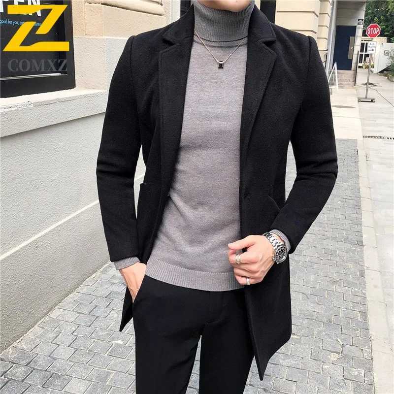 COMXZ Winter New Wool Overcoat Men Longline Korean Style Slim Fit Trendy Cashmere Trench Coat Men Wool Blend Casual Coat 2025T251025