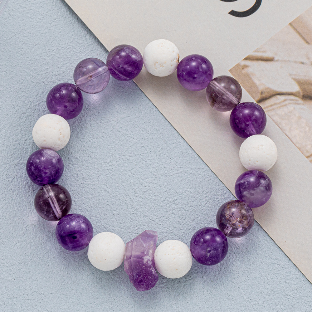 Natural Amethyst Volcanic Stone Beaded Bracelet with Elastic Cord