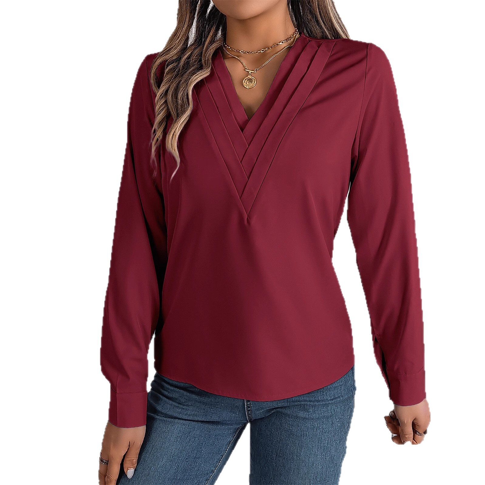 Long Sleeve Shirt Womens 2025 Autumn and Winter New V Neck Top