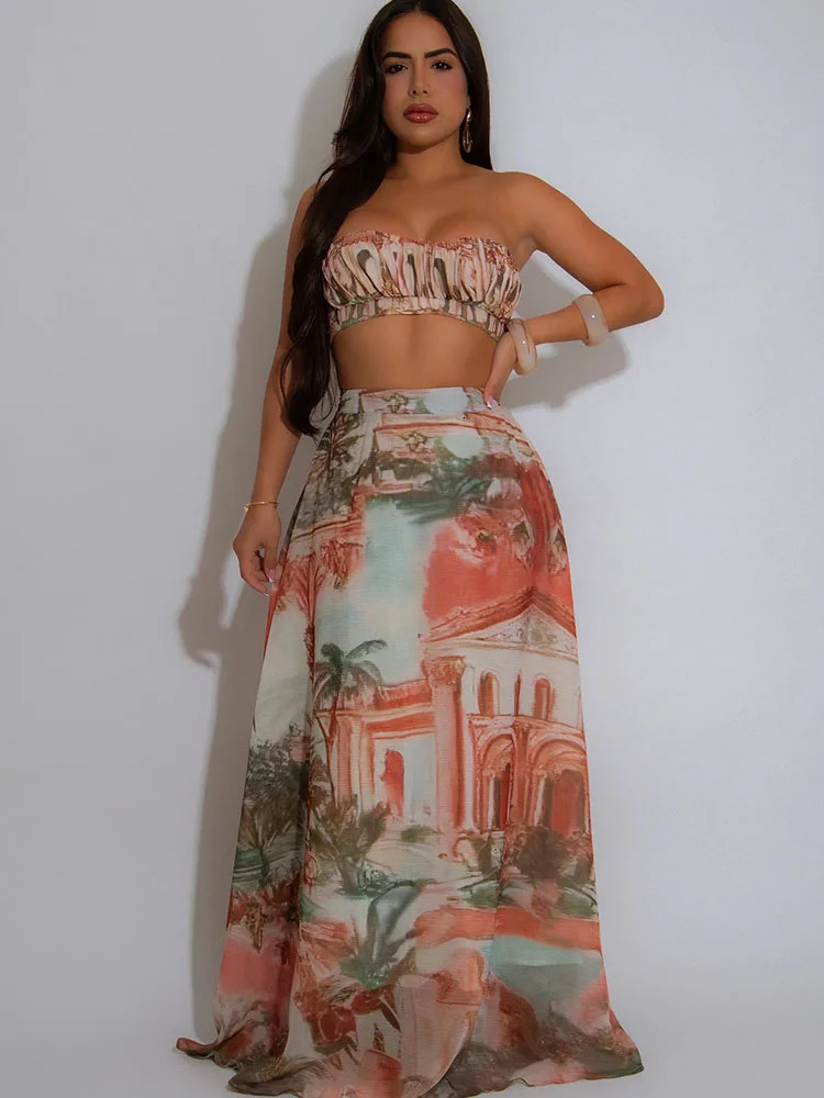 Doyerl Pattern Printing Party Dress Set Two Piece Vacation Club Wear Crop Top and Long Skirt Matching Sets Outfits 251016