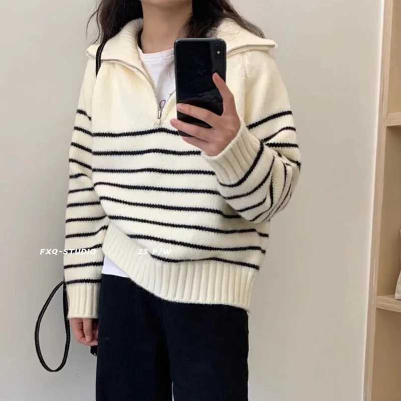 AutumnWinter New Korean Striped Knitted Pullover Womens Casual Loose Short Sweater Fashion Half Zipper Long Sleeve KnitwearT251025