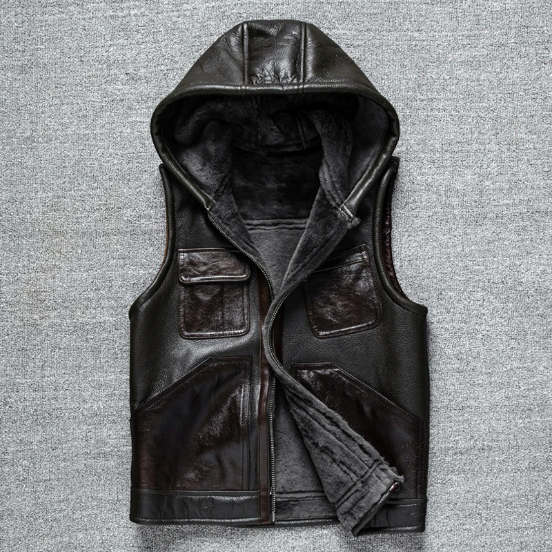 YRCasual men outdoor 100 real fur jacket with hatRider genuine shearling vestWarm wool clothWinter safari 251020