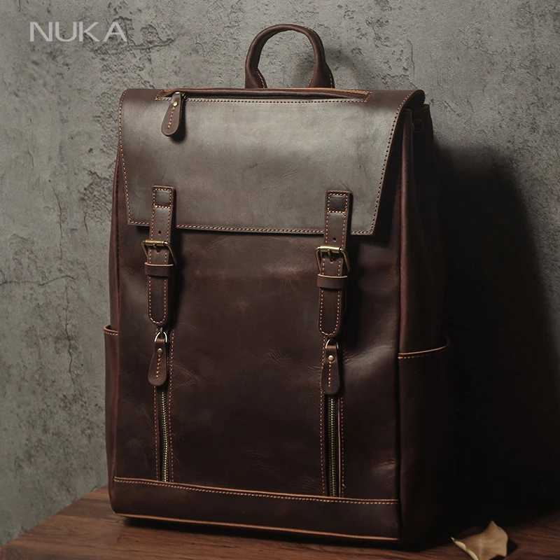NUKA Mens Genuine Leather Backpack Vintage Outdoors Travel Bag Luxury Crazy Horse Cowhide Schoolbag Mountaineering Backpack W251025