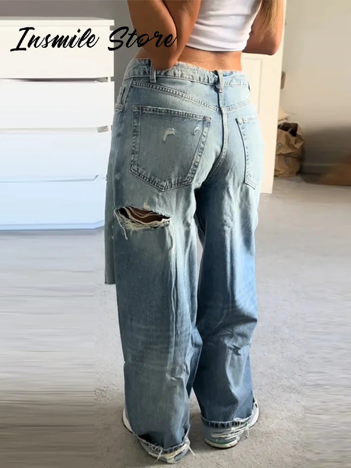 Chic Ripped Zipper Blue jeans Women Low Waist Pocket Female Wide Leg Denim Pants 2025 Autumn Loose Street Lady Trousers 251023