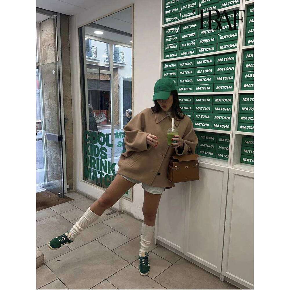Women S Casual Vintage Khaki Bat Sleeve Lapel Warm Tweed Autumn And Winter Fashion Loose Single Breasted Coat