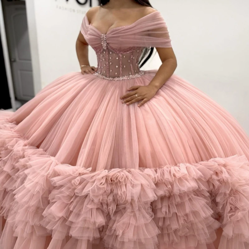 Pink Quinceanera Dresses Ball Gown Off The Shoulder Beading Crystal Corset Tiered Tull Party Birthday Sweet 16 Dress Vestidos 15