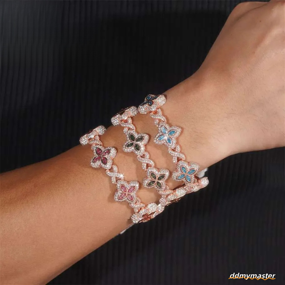 Rich Color Flower Design 18Mm Custom Iced Out Hip Hop Unisex Jewelry Cuban Link Chain Sier VVS Moissanite Bracelet Ddmymaster