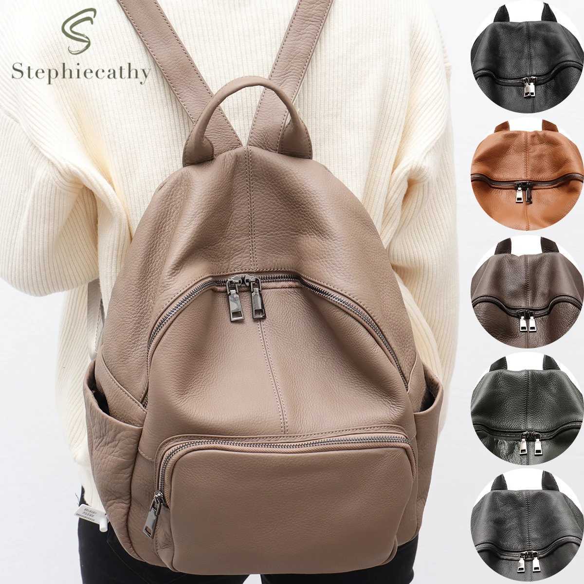 Fashionable Soft Real Cowhide Backpack Women Men Multi Zip Pockets Solid Color Versatile Daily Casual Spacious Knapsack Travel W251025