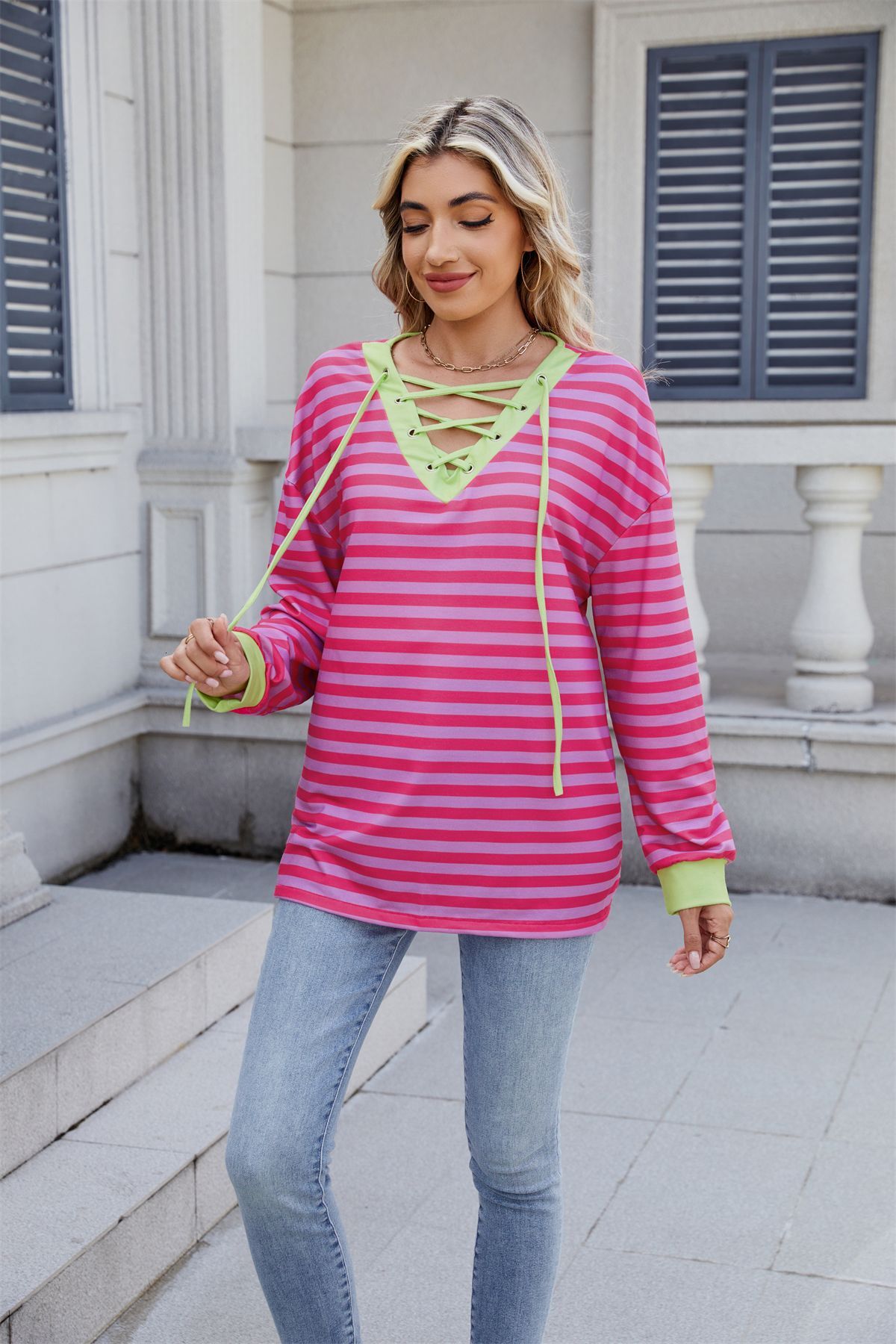 2025 Autumn Winter New Fashion Striped Top Womens Loose Tie Sweatshirt