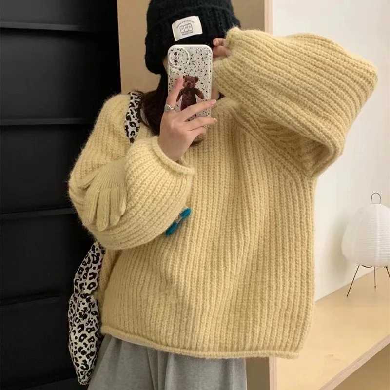 Korean Coarse Yarn Knitted Sweaters Womens Loose Fashion Candy Color ONeck Pullover Autumn Winter Thicken Warm Long Sleeve TopsT251025