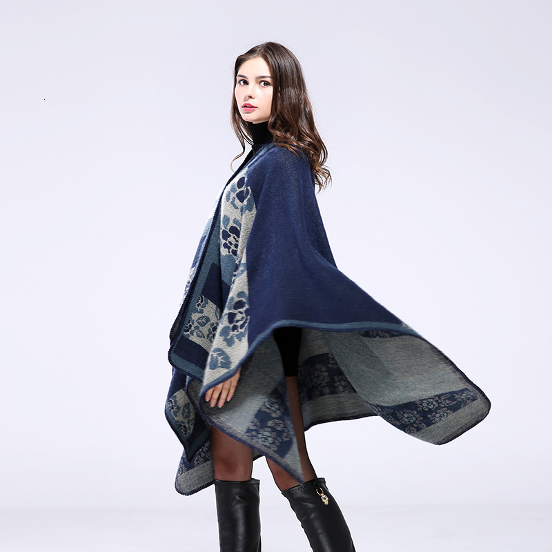 Feng Womens Autumn Winter Thickened Small Flower Warm Imitation Cashmere Shawl Cape Reversible Coat Womens Scarf