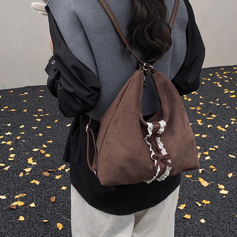 New hot selling retro suede bow women's designer handbag, large capacity parent-child commuting shoulder bag, three in one handbag and backpack