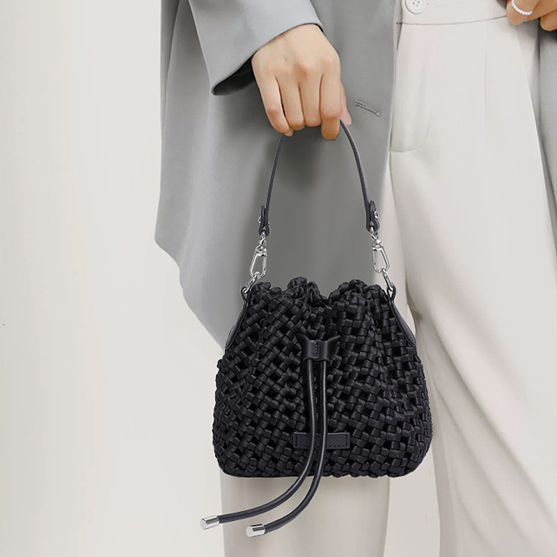 New Silk Woven Bucket Fashion Trend Handbag High-end Versatile Mini Casual Shoulder Crossbody Bag
