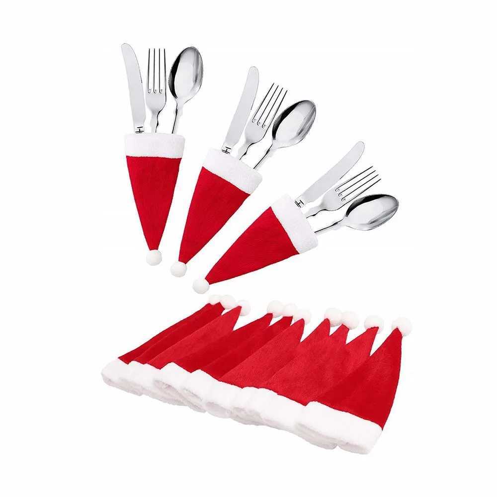 Mini Christmas Decoration HatsRed Mini Christmas CapWine Bottle Santa CapCutlery Holder for Kitchen Dining Decor C251024