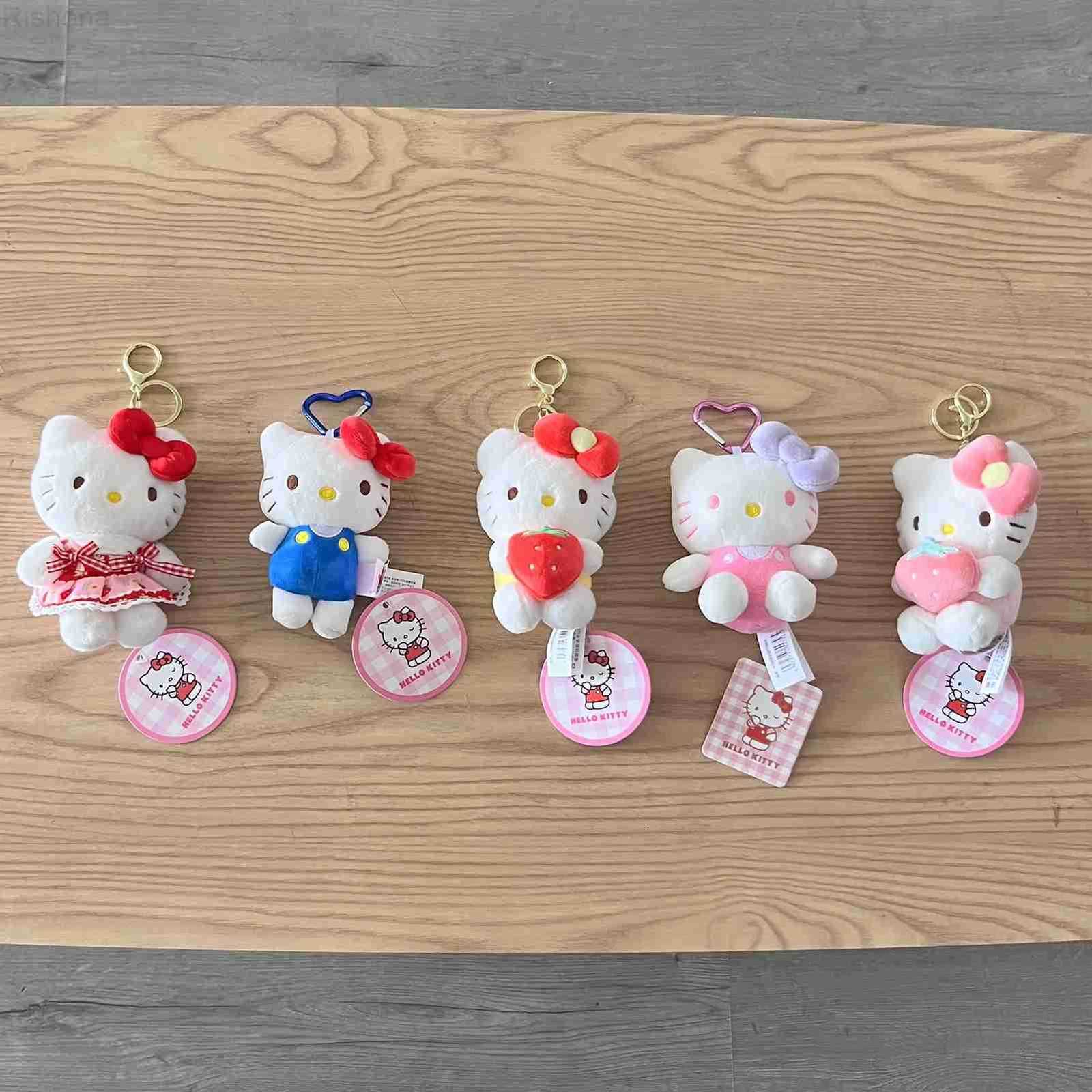 Sanrio Cute Women Hello Kitty Bag Pendant Pink Bow Cat Strawberry Plush Doll Charm Keychain Student Backpack Accessories Girl Gifts H251202