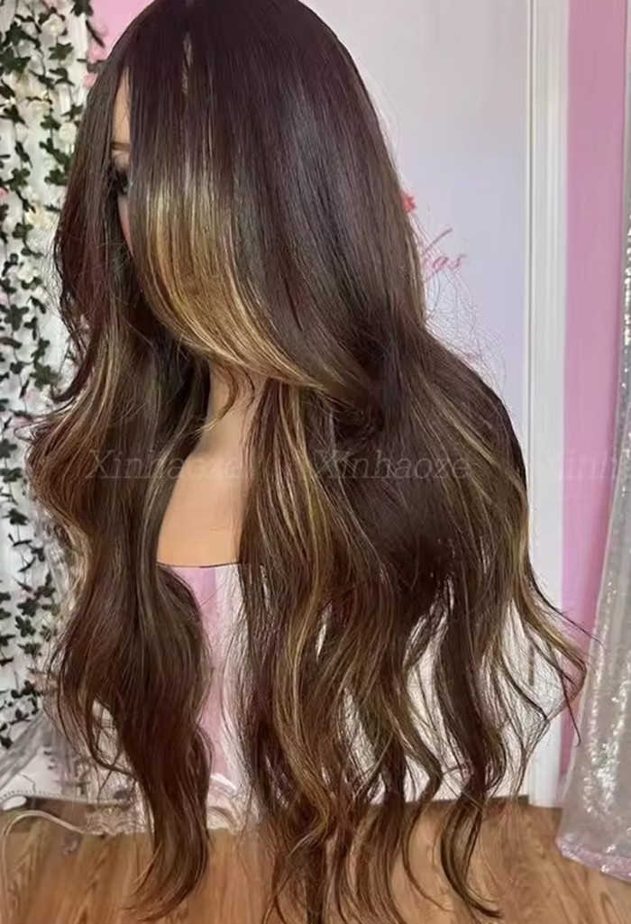Highlight Honey Blonde Balayage Wig Body Wave Human Hair Lace Front Wig with bang fringe Frontal ombre chestnut brown Colored Human Hair hd lace Wig