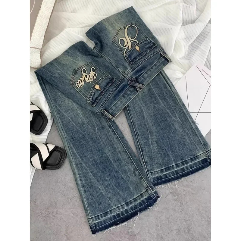American retro lowwaisted jeans female autumn embroidery old casual fashion temperament slim Joker bell bottoms 251023