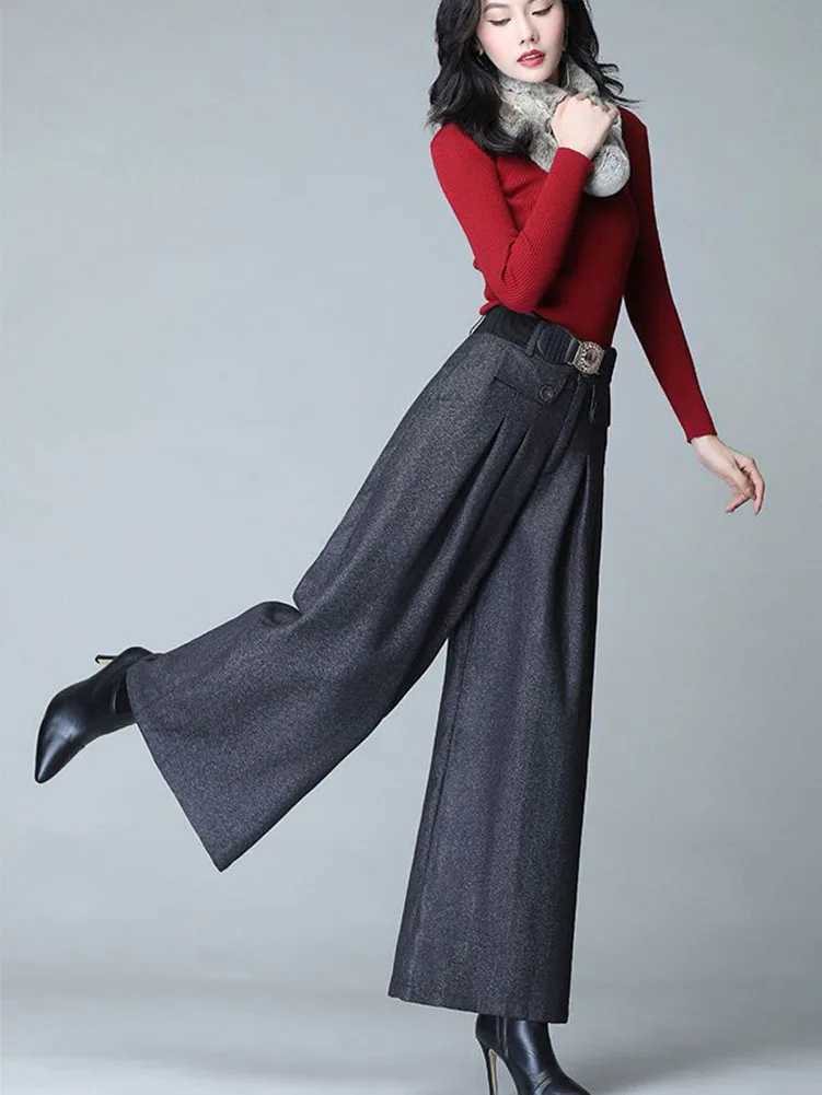 Autumn Winter Woolen Blend Culotte Elegant High Waist Wide Leg Pants Women Baggy Korean Fashion Pantalones Oversize Belt TrouserT251025