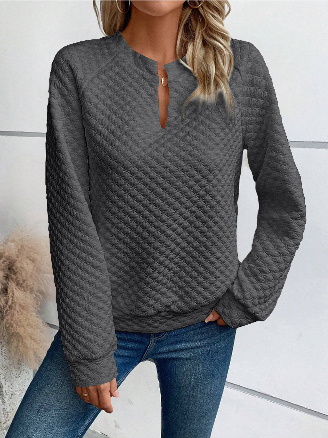 2025 Autumn Winter New Women's Solid Color Deep V-neck Patchwork Long Sleeve Casual Sweatshirt