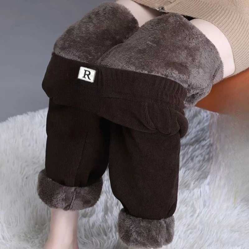 Plush Thick Casual Pants Womens Elastic High Waist Warm Lamb Fur Lined Harlan Pants Loose Corduroy Straight Trousers SweatpantsT251025