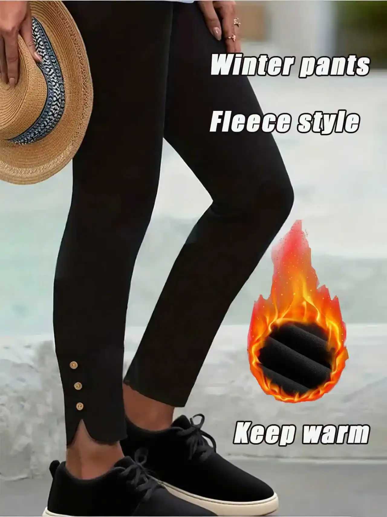 Winter Warm Fleece LinedWomens High Waist Slim Pants Black Buttoned Ankle Thermal Trousers Elastic Waist Keep WarmT251025