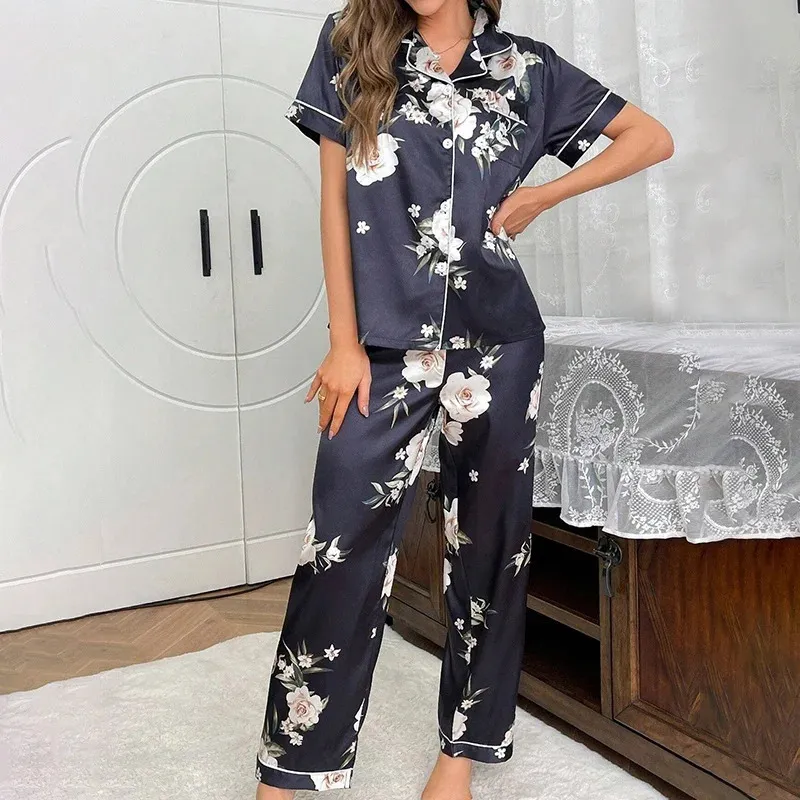 2025 New Fashion Satin womens sleepwear printed sleepwear autumn home clothing soft and comfortable short sleeved tops and pants womens sleepwear