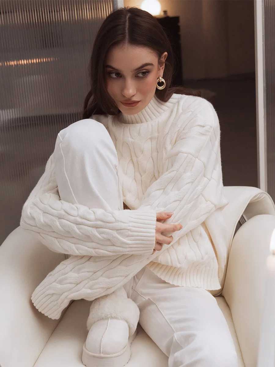 Blubelle Womens Autumn Winter Turtleneck Cable Knit Sweater Lazy Loose Fit Long Sleeve Casual PulloversT251025