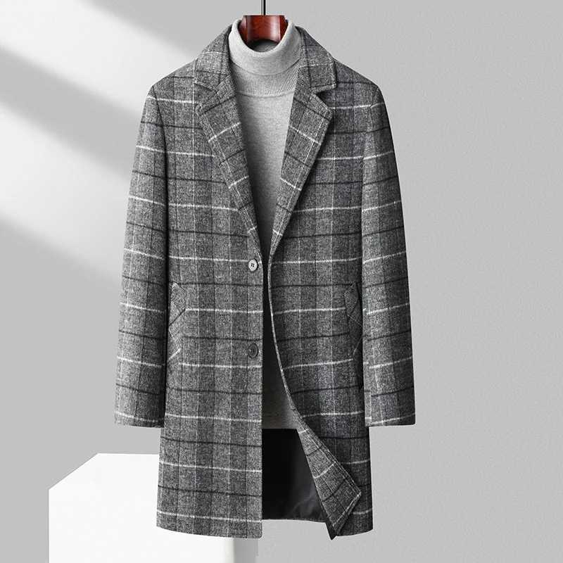 High Quality Mens Casual MidLength Plaid Woolen Coats Winter Outwear Warm Tops Overcoat Thick Striped Wool Windbreaker JacketsT251025